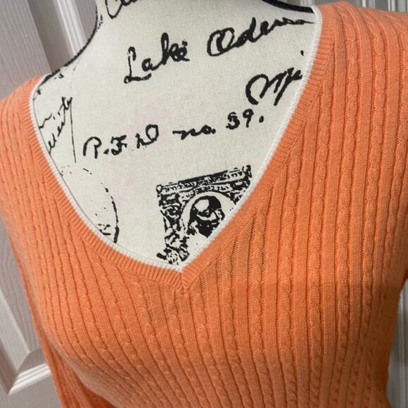 PREPPY COQUETTE CABLE KNIT SWEATER RALPH LAUREN 100% COTTON V NECK SZ PM CORAL - Picture 15 of 16